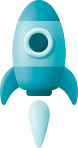Ilustração de um foguete azul claro com um grande olho no centro, representando uma abordagem amigável e inovadora à tecnologia.