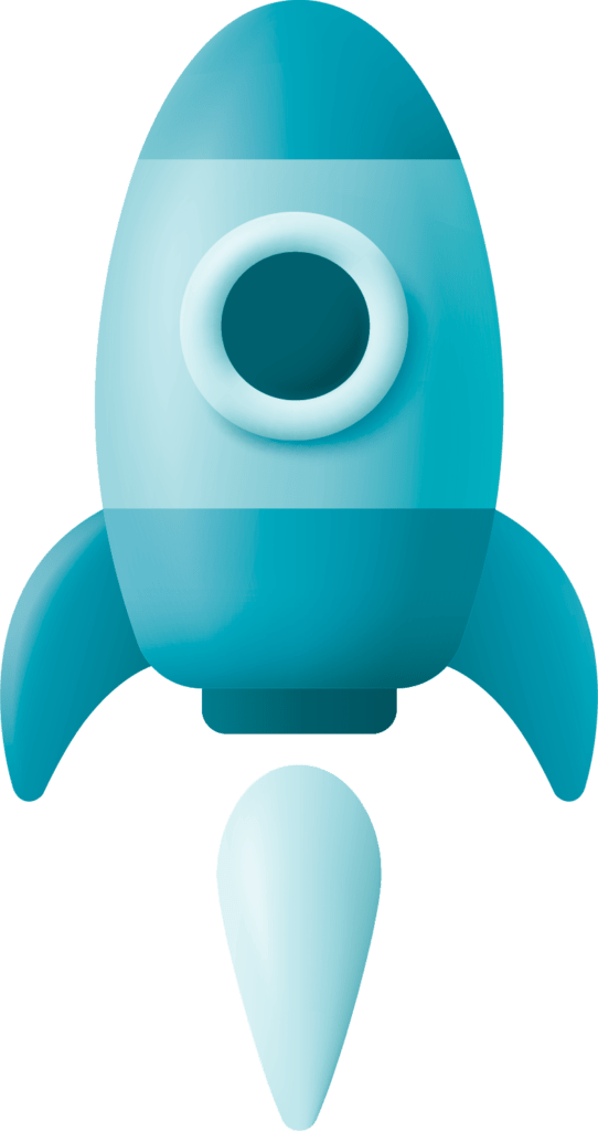 Ilustração de um foguete azul claro com um grande olho no centro, representando uma abordagem amigável e inovadora à tecnologia.