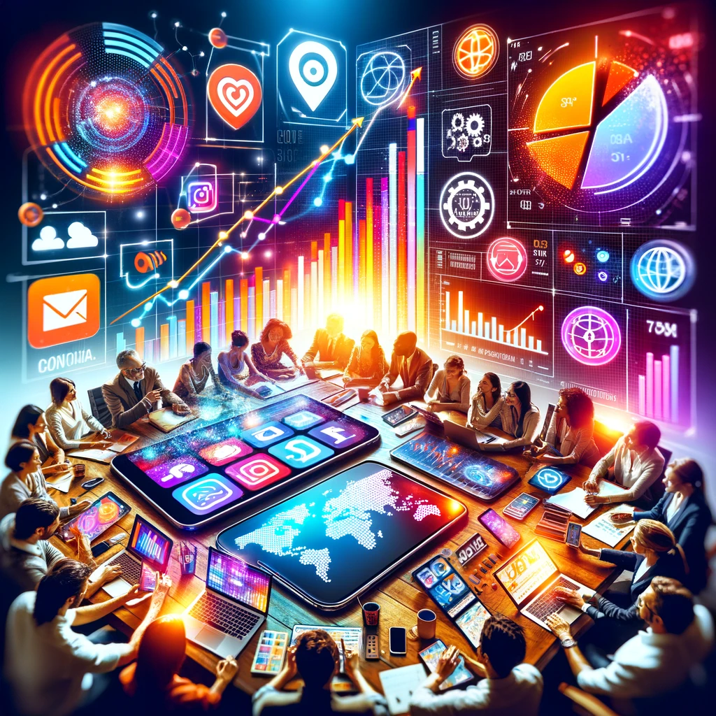 Profissionais da agência de marketing e comunicação PXP Connection colaboram ao redor de uma mesa com dispositivos digitais exibindo uma tapeçaria de gráficos de desempenho e ícones de redes sociais, simbolizando a integração global e o sucesso no engajamento do cliente.