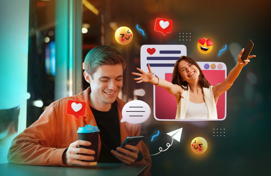 Uma pessoa com a mão levantada em direção a um ícone de notificação de mídia social iluminado, indicando zero curtidas ou comentários.
