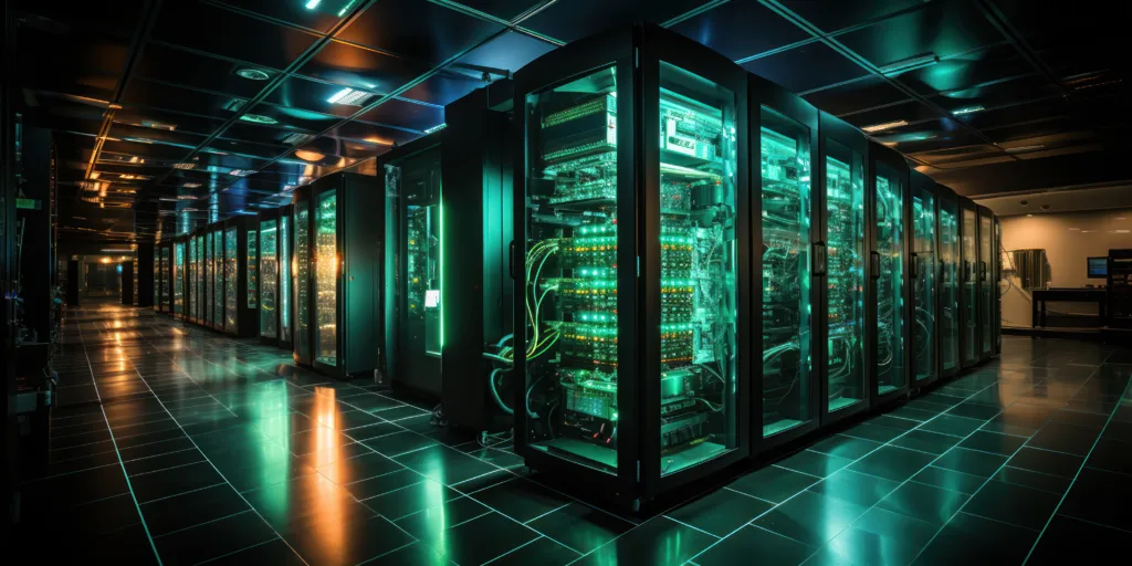Uma sala de servidores com racks de servidores iluminados. Os servidores são de diferentes tamanhos e formatos e estão todos conectados por cabos.