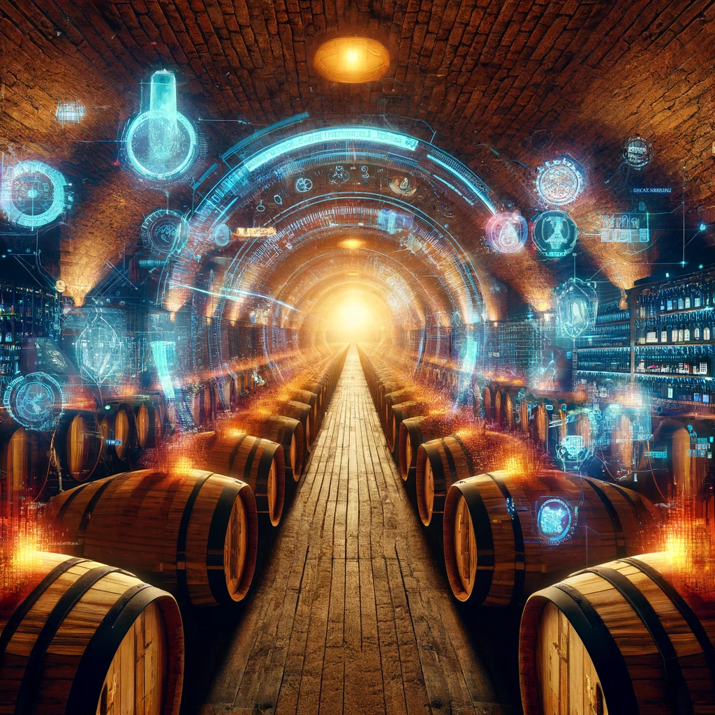 Uma adega tradicional com paredes de pedra e barris de madeira é iluminada por um holograma flutuante que exibe garrafas de vinho digitalizadas e ícones de criptomoedas, simbolizando a fusão da vinicultura clássica com inovações tecnológicas modernas.