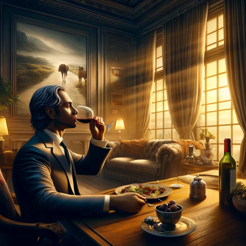 A imagem captura um momento sublime de alguém desfrutando de um vinho fino em um ambiente elegante. O prazer e a tranquilidade são evidentes na expressão da pessoa, enquanto um pôr do sol deslumbrante ao fundo acrescenta serenidade à cena. A decoração sofisticada e a atenção meticulosa aos detalhes, como o reflexo do vinho na taça, completam esta experiência agradável e luxuosa.