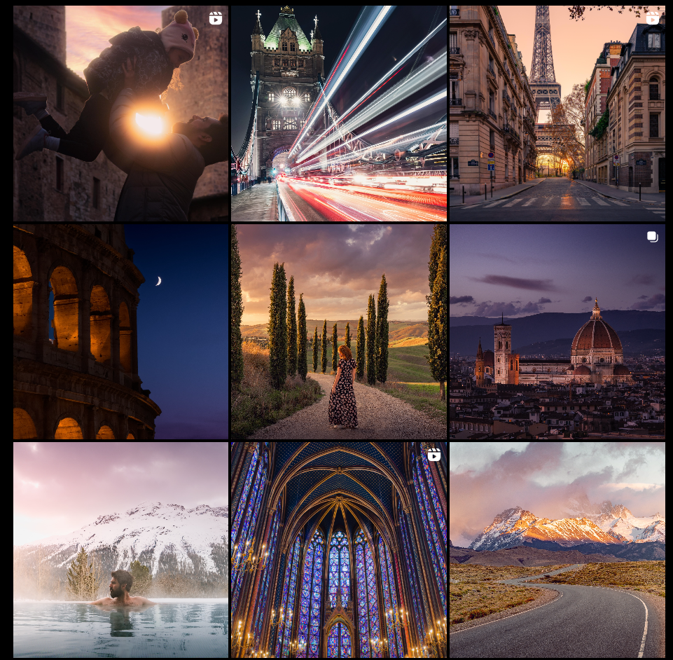 Coleção de imagens visuais impressionantes de paisagens e monumentos icônicos ao redor do mundo, capturadas em diferentes cenários.